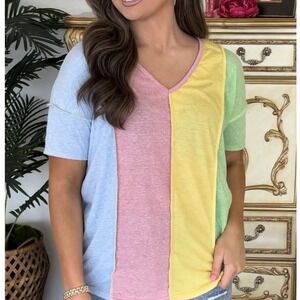 BiB! Womens XL Triblend Color Block‎ Short Sleeve V Neck Top Pastel